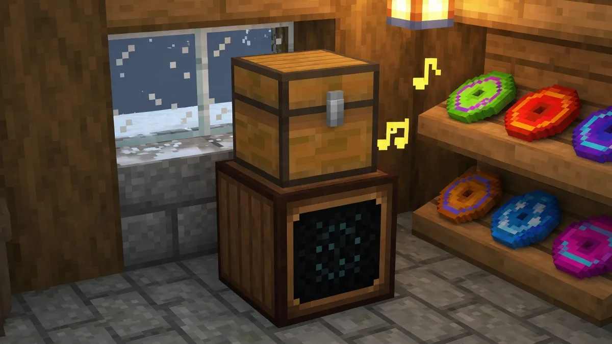 Ilustracja playlisty w szafie grającej w Minecraft 26.4: skrzynia postawiona bezpośrednio na szafie grającej i płyty muzyczne