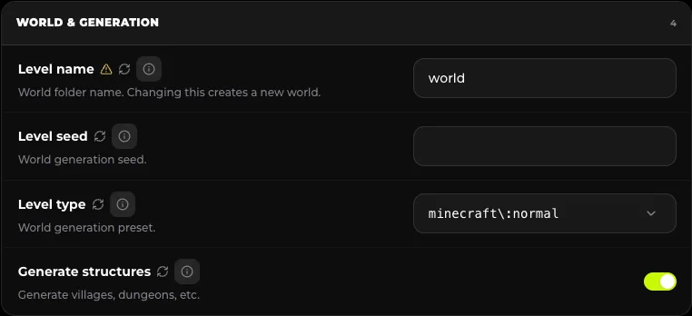 Sekcja WORLD & GENERATION w zakładce CONFIG - konfiguracja seeda i nazwy świata