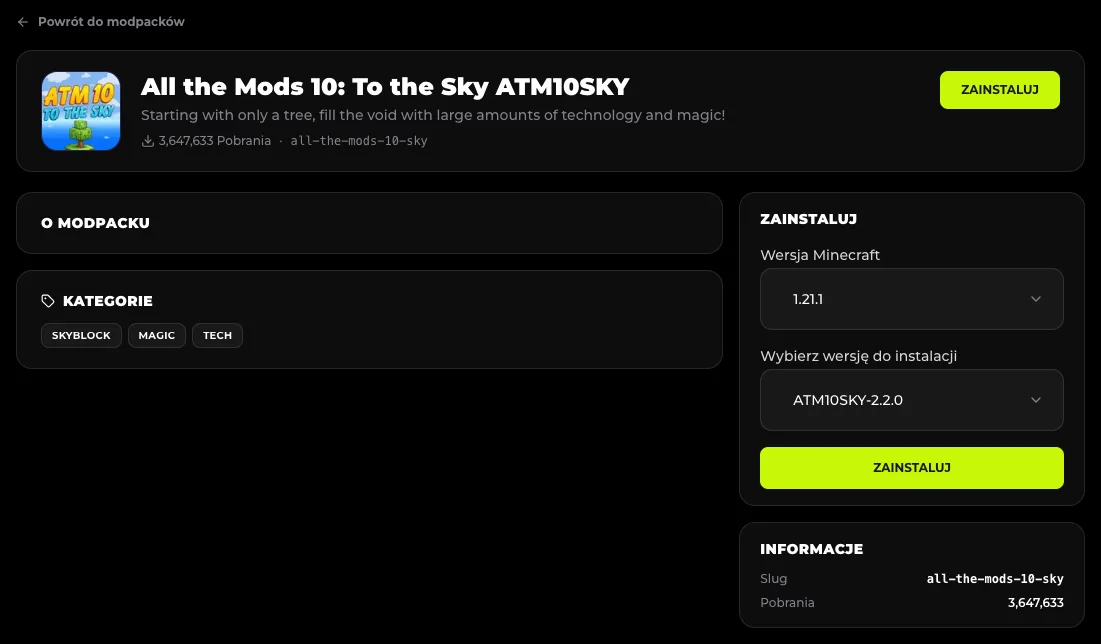 Strona ATM10 To the Sky w panelu - wersja Minecraft 1.21.1 i wydanie ATM10SKY-2.2.0