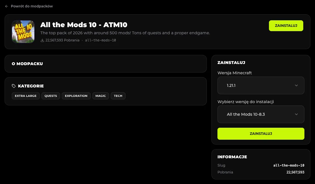 Strona ATM10 w panelu - wybór wersji Minecraft 1.21.1 i wydania 8.3