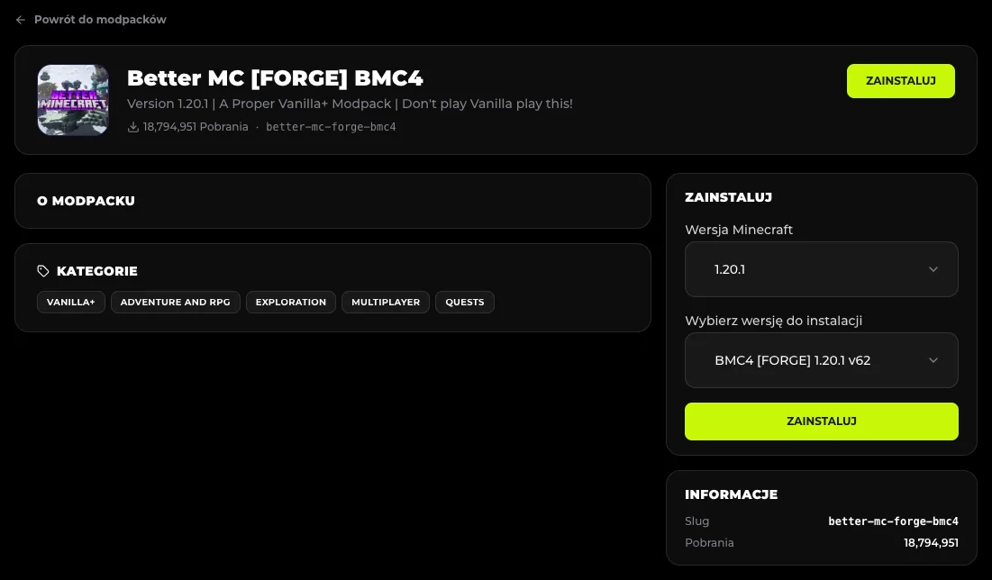 Strona Better MC BMC4 w panelu - wersja Minecraft 1.20.1 i wydanie v62