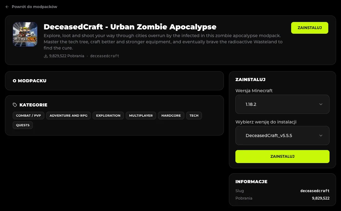 Strona DeceasedCraft w panelu - wersja Minecraft 1.18.2 i wydanie DeceasedCraft_v5.5.5