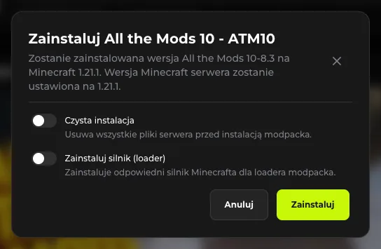 Okno instalacji modpacka z przełącznikami Czysta instalacja i Zainstaluj silnik (loader)