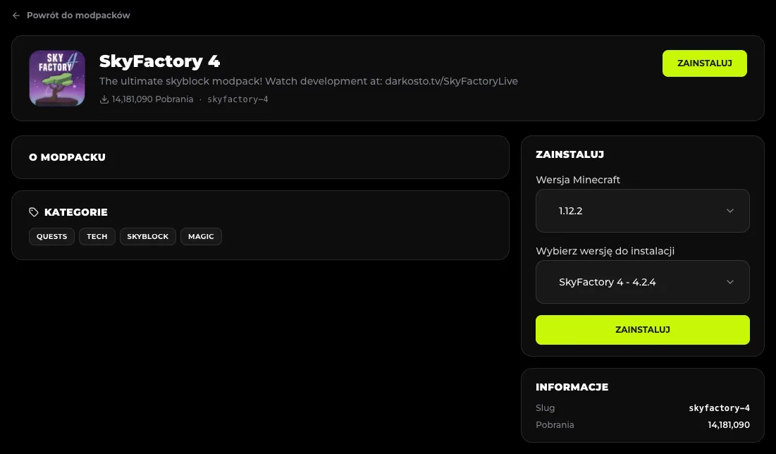 Strona SkyFactory 4 w panelu MCHost - wersja Minecraft 1.12.2 i wydanie 4.2.4