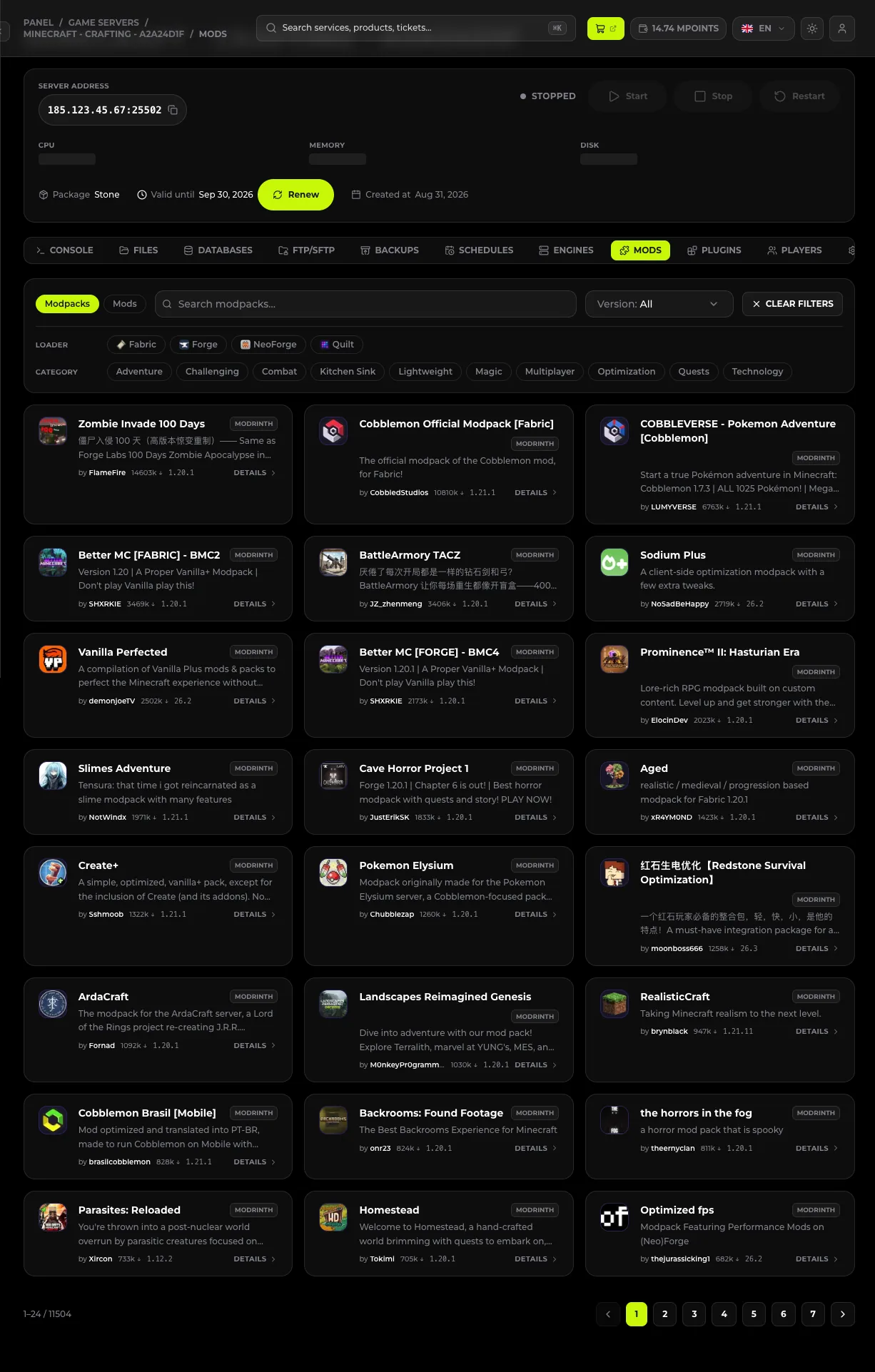Marketplace modpacków w zakładce MODS