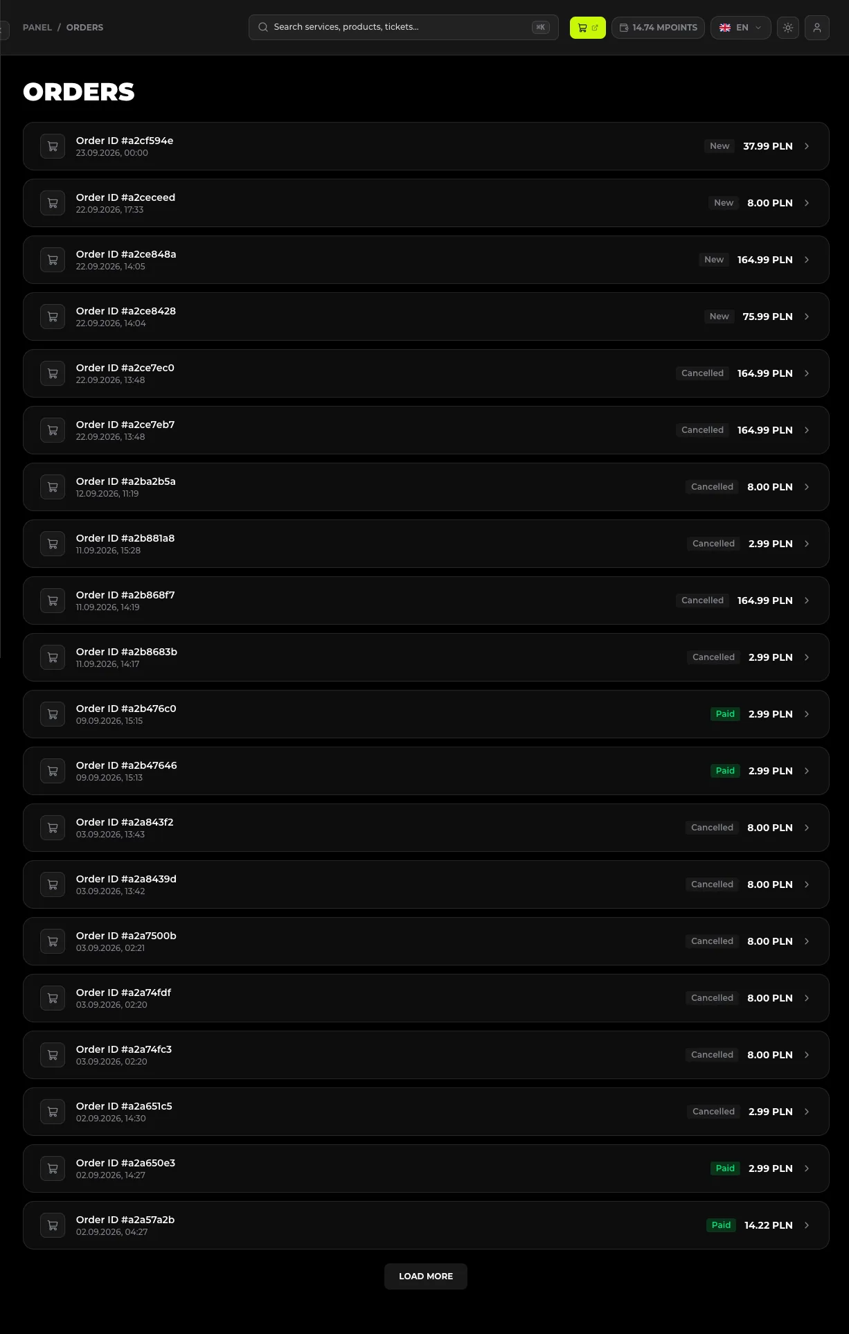 Lista zamówień w panelu