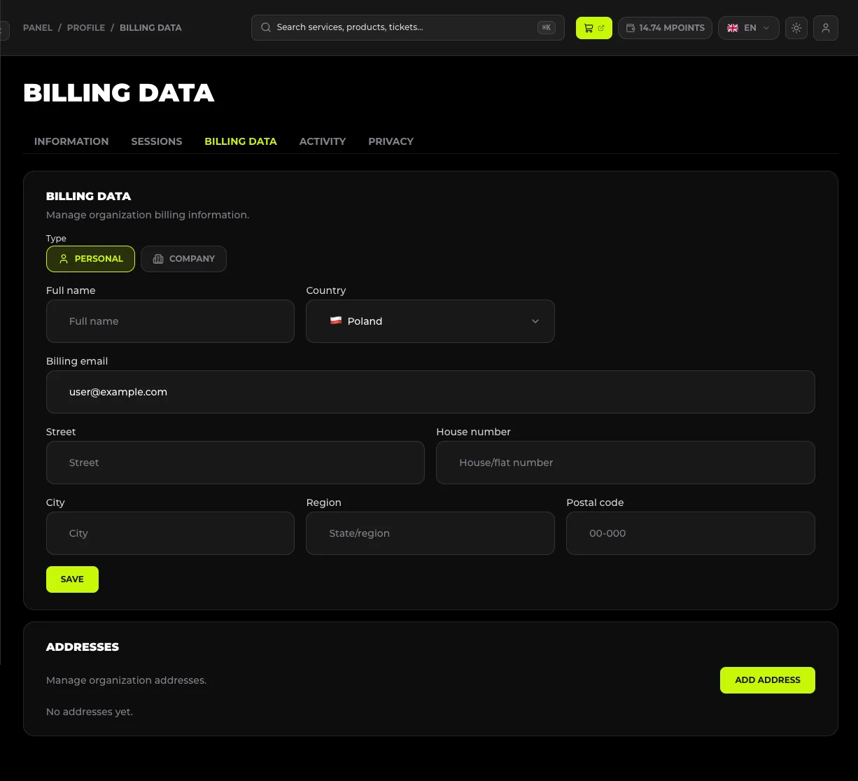 Zakładka BILLING DATA w profilu