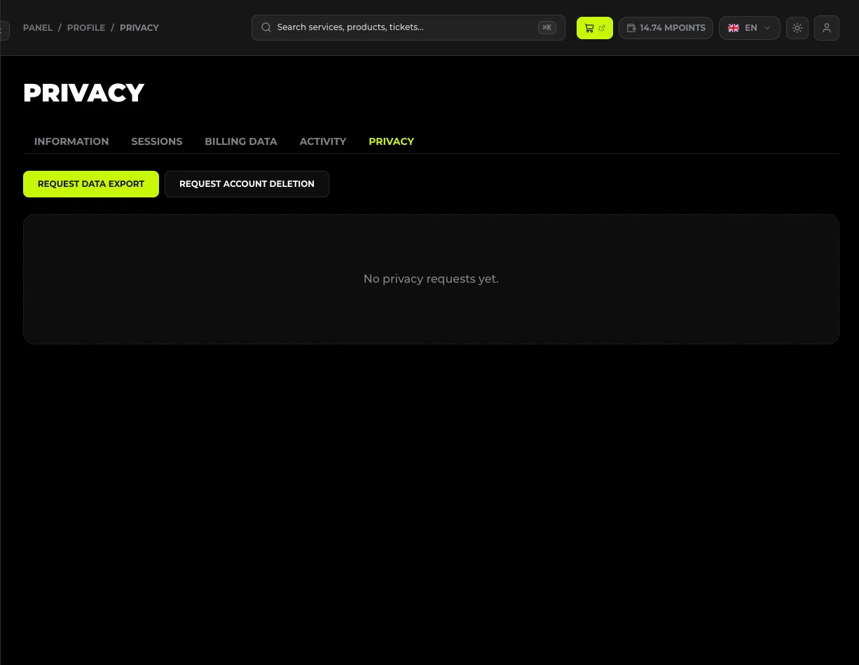 Zarządzanie danymi i prywatnością w zakładce PRIVACY