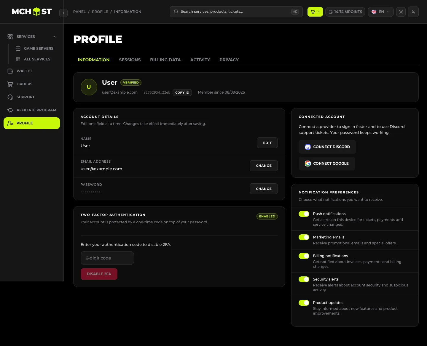 Sekcja 2FA w profilu - status ENABLED