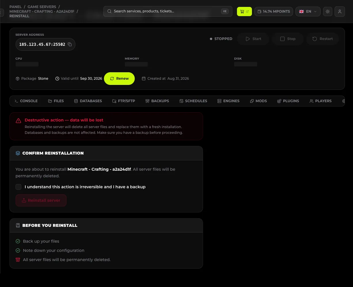 Zakładka REINSTALL - potwierdzenie reinstalacji serwera
