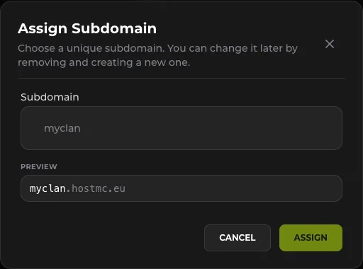 Zakładka SUBDOMAIN - przypisana subdomena i CONNECT STRING